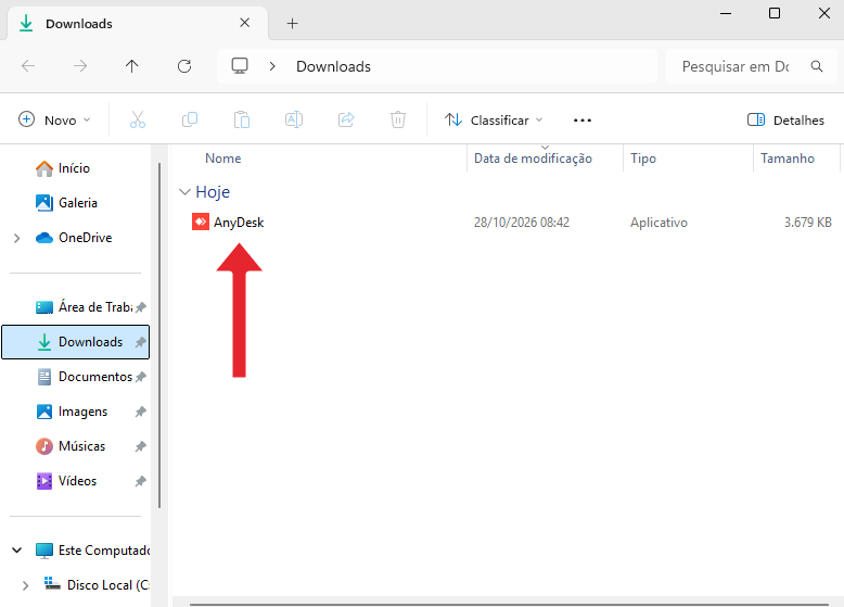 Captura real da pasta Downloads com uma seta apontando para o aplicativo AnyDesk baixado