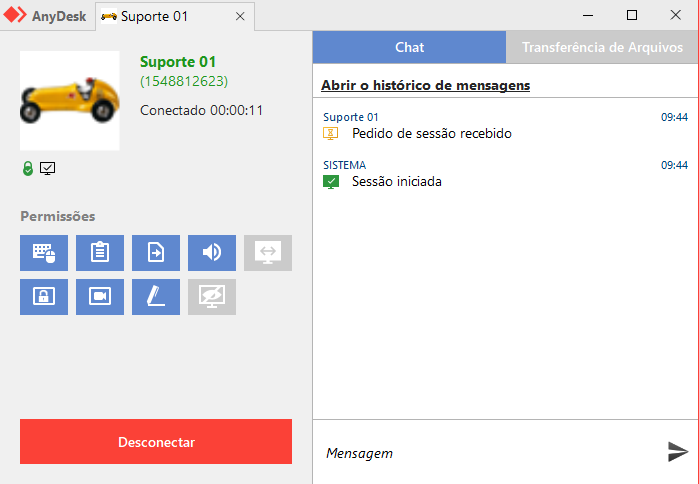 Captura real da sessão AnyDesk com o botão vermelho Desconectar