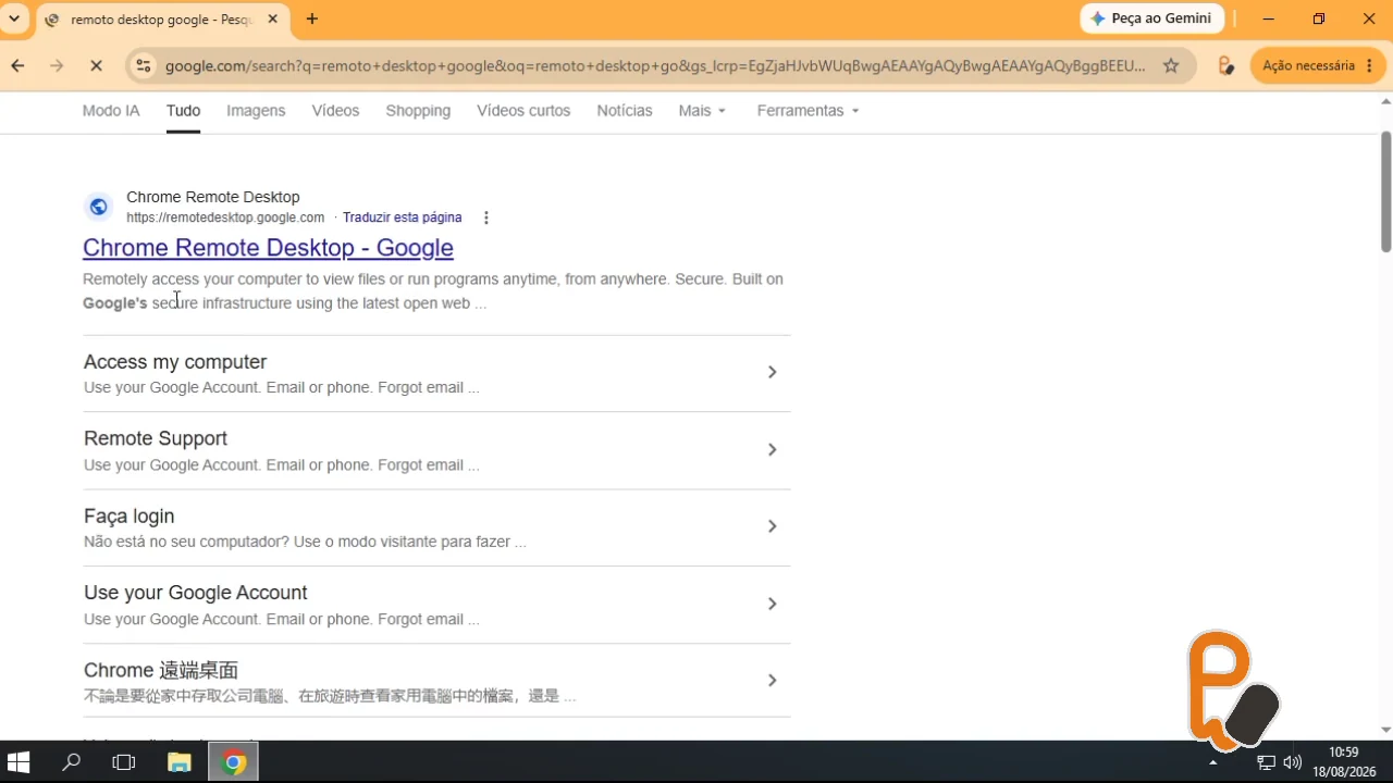 Captura real do vídeo mostrando o resultado oficial Chrome Remote Desktop no Google