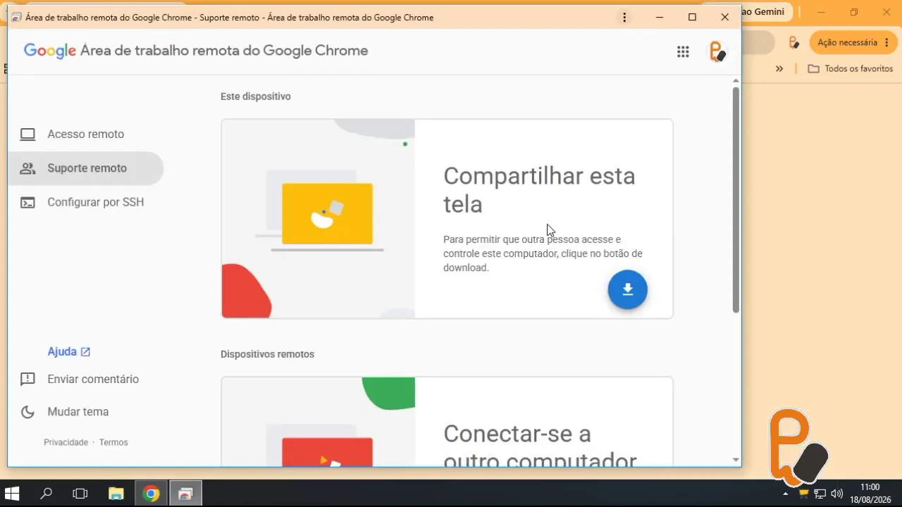Captura real do vídeo mostrando a tela Compartilhar esta tela e a instalação do aplicativo