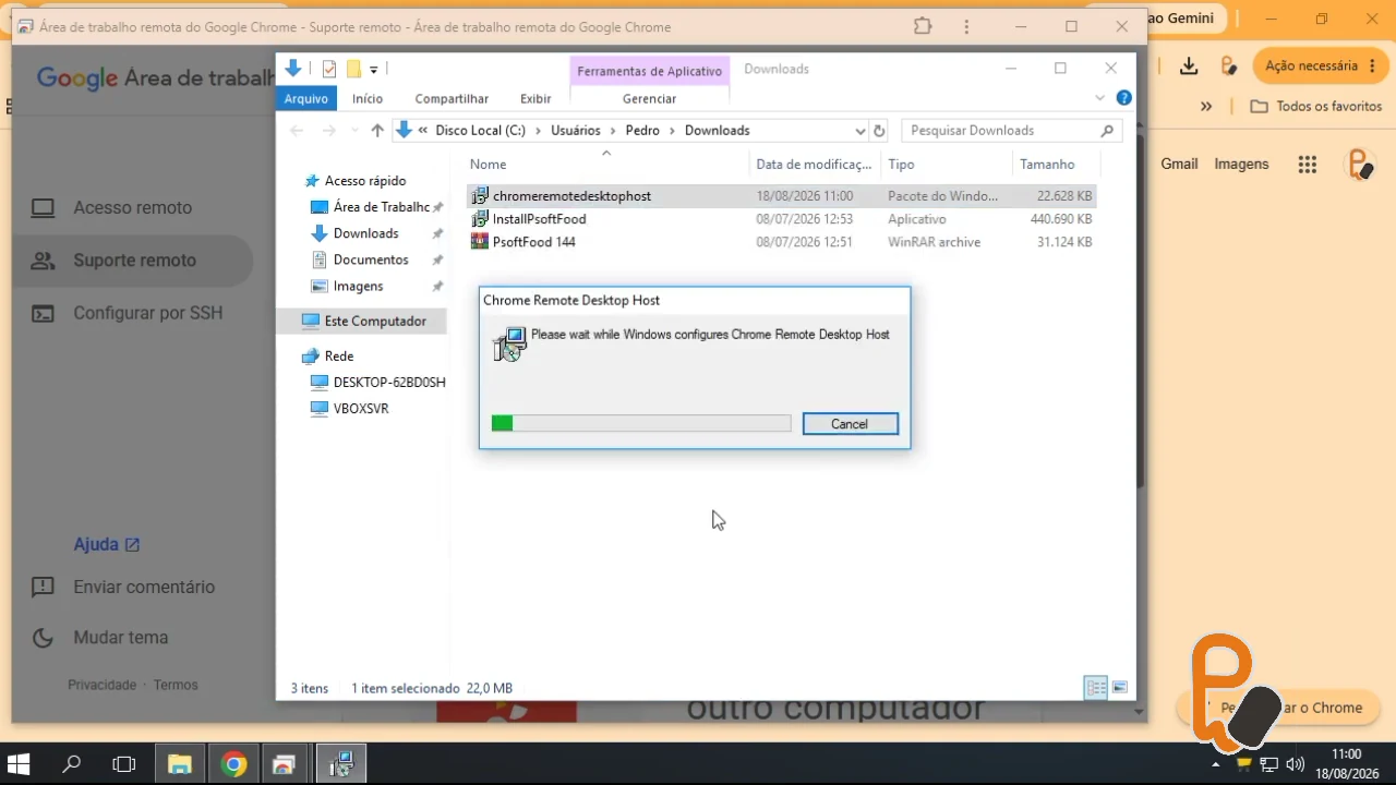 Captura real do vídeo mostrando o instalador Chrome Remote Desktop Host em execução
