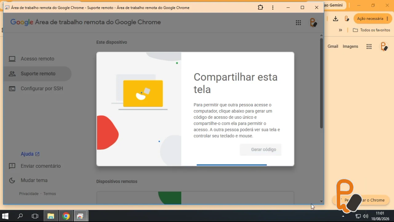Captura real do vídeo mostrando o aviso de instalação concluída e o botão Gerar código