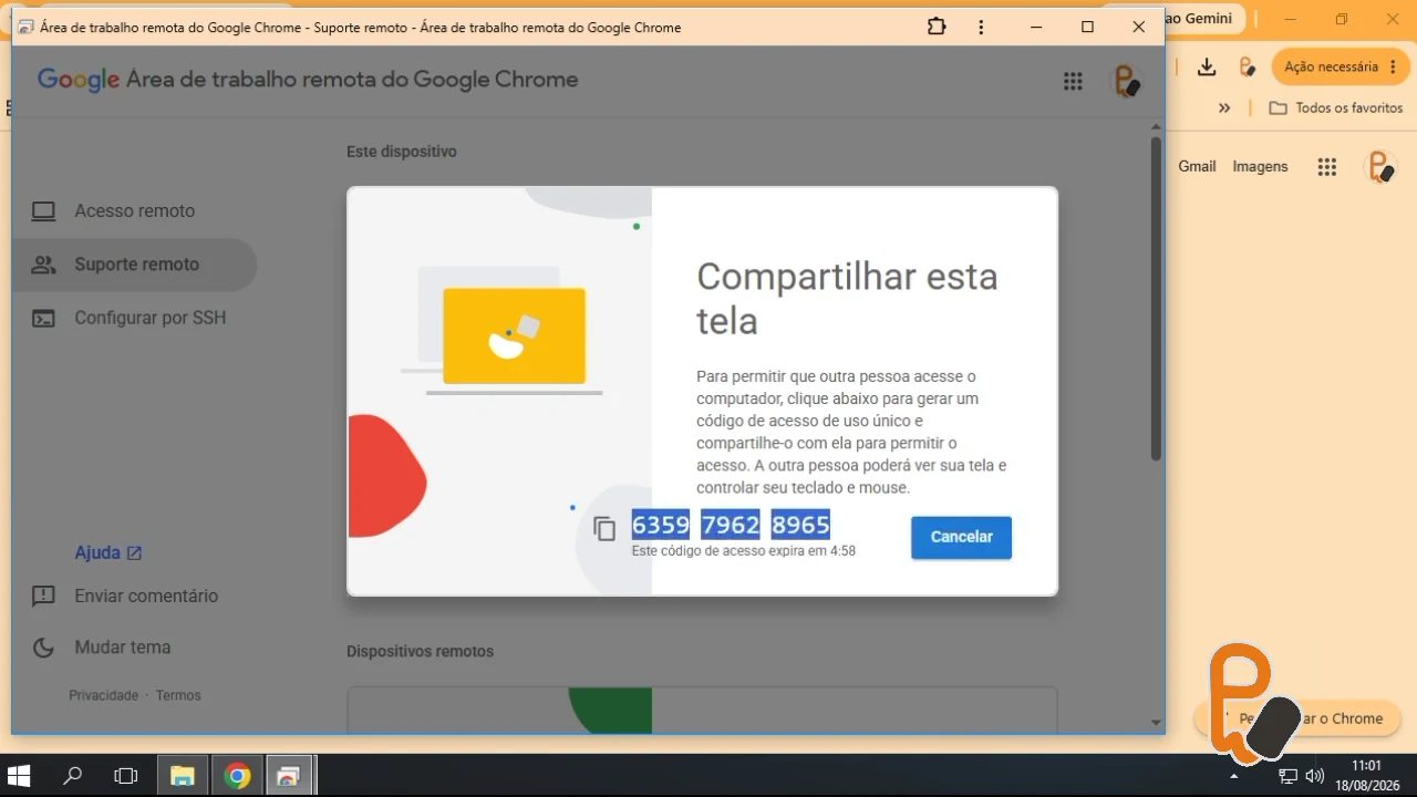 Captura real do vídeo mostrando o código temporário de 12 números e o botão Cancelar