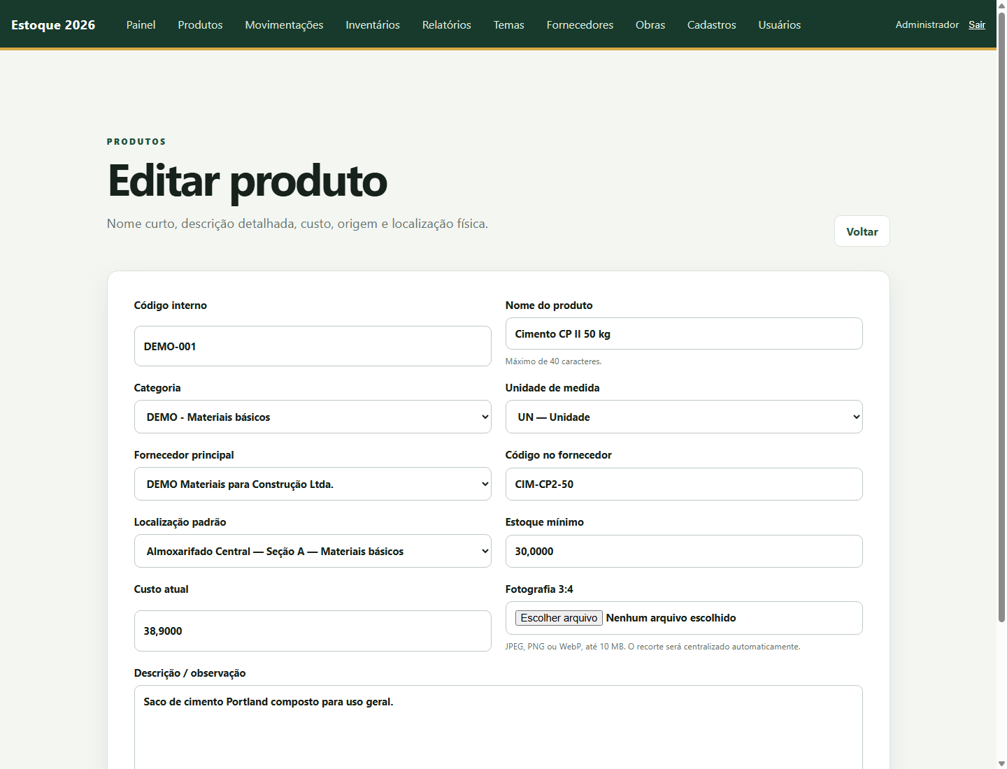 Edição detalhada de produto