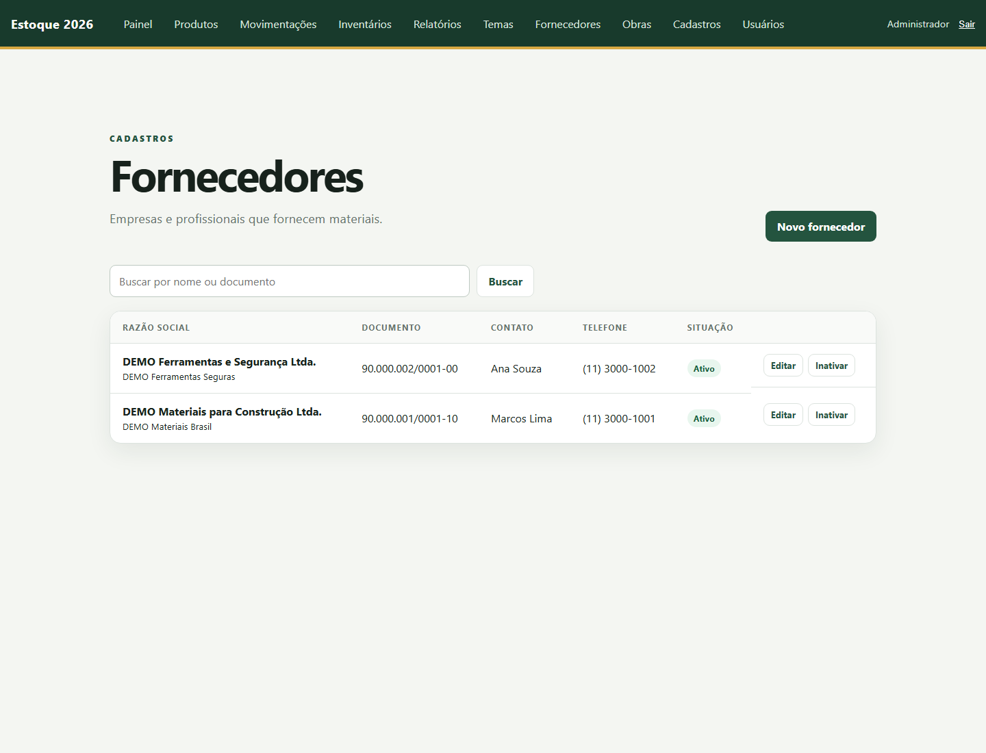 Relação de fornecedores