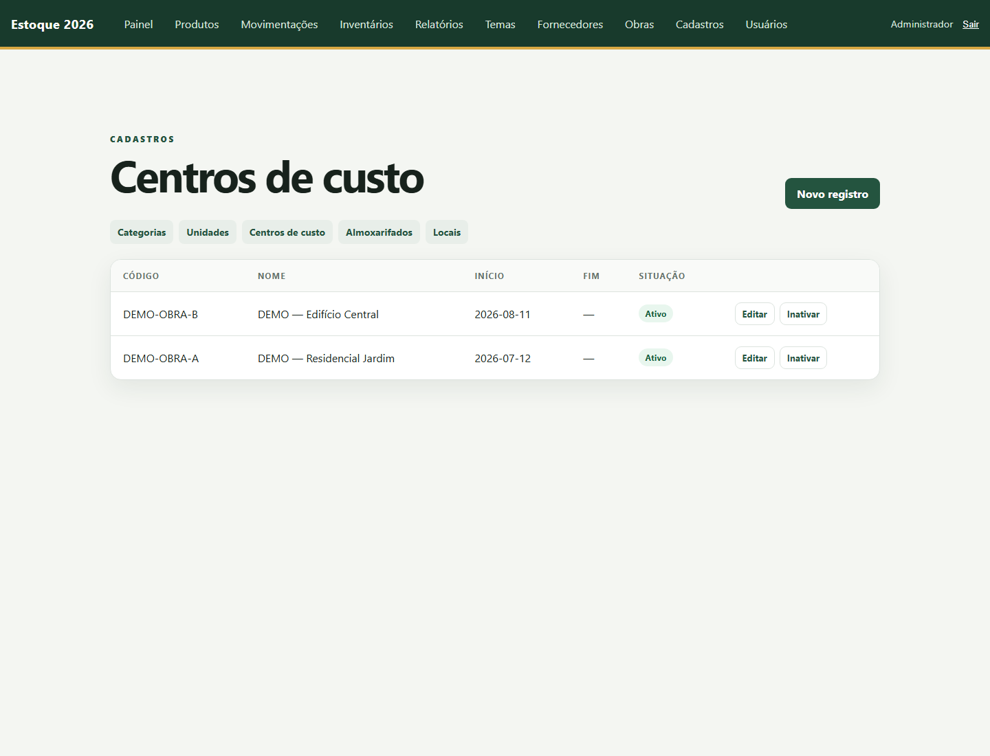 Centros de custo e obras
