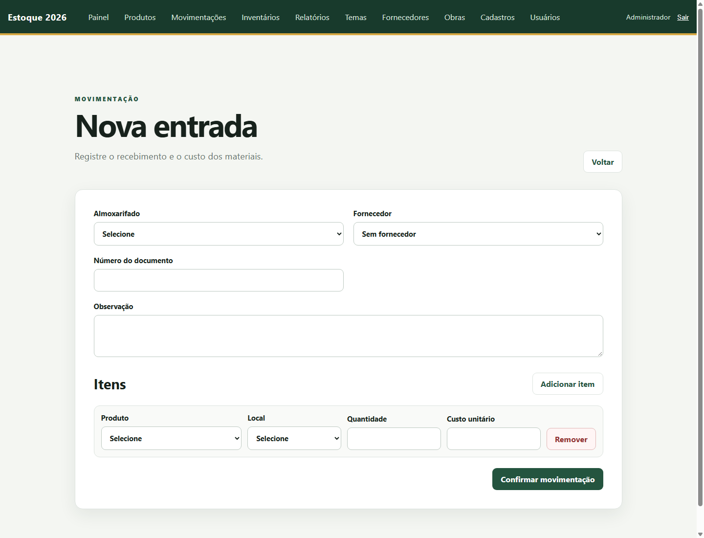 Formulário de entrada