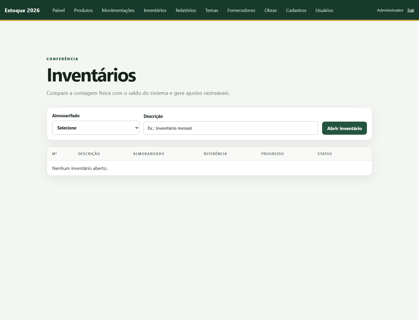 Tela de inventários