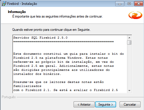 Tela real Informação do instalador Firebird 2.5