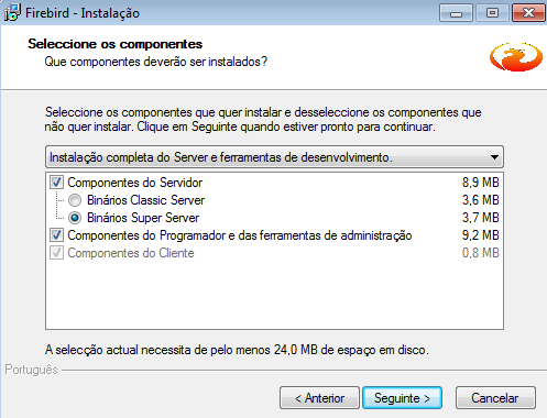 Tela real do instalador com instalação completa e binários Super Server selecionados