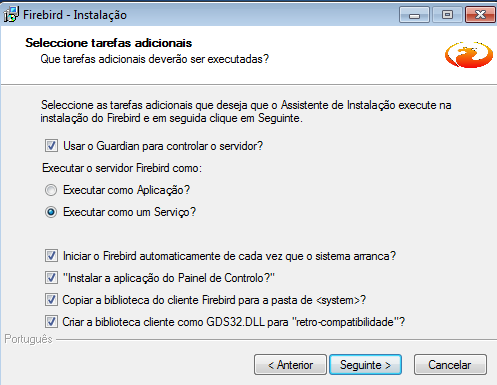 Tela real de tarefas adicionais com Guardian, serviço, inicialização automática, Painel de Controle, System e GDS32 DLL marcados