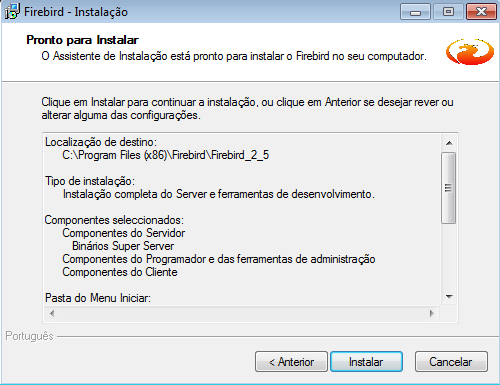 Tela real Pronto para Instalar do Firebird