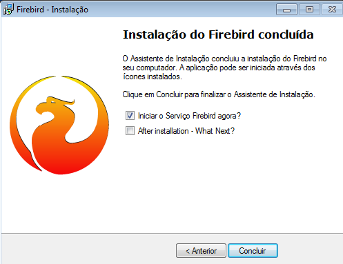 Tela real de instalação concluída com Iniciar o Serviço Firebird agora marcado