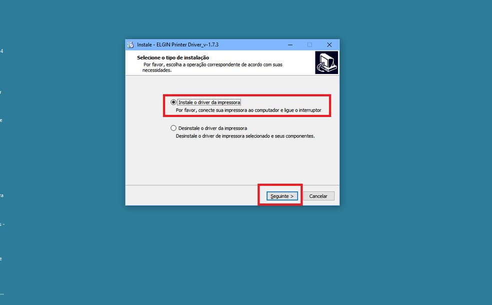 Tela real do ELGIN Printer Driver com a opção Instale o driver da impressora selecionada