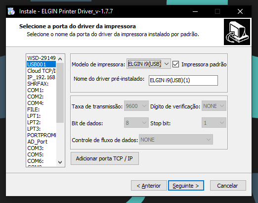 Tela real do ELGIN Printer Driver selecionando o modelo ELGIN i9 USB e a porta USB001