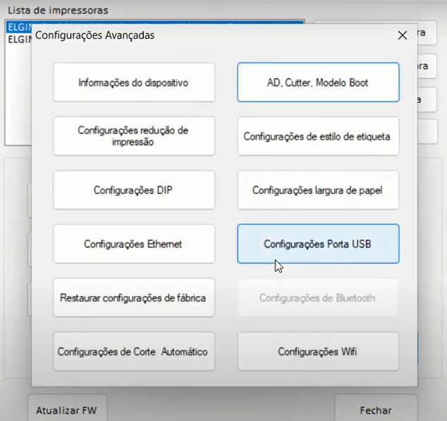 Tela real das Configurações Avançadas da Elgin com o botão Configurações Ethernet