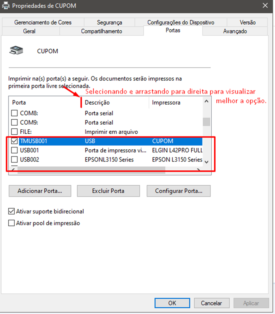 Tela real das propriedades de impressora do Windows mostrando a porta TMUSB001 selecionada