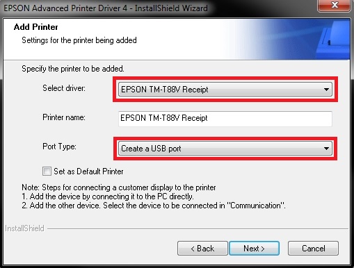 Tela real do Epson Advanced Printer Driver com TM-T88V Receipt e Create a USB port