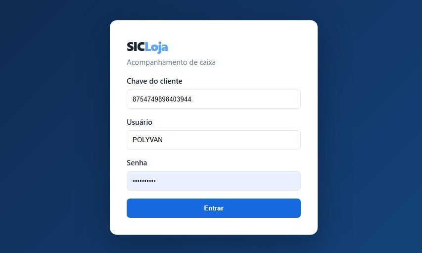 Tela de acesso do Monitor SicLoja com campos para chave do cliente, usu&aacute;rio e senha