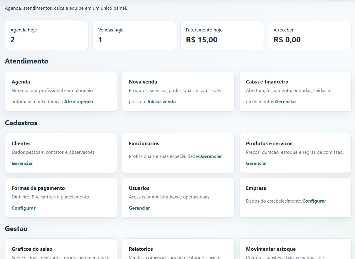 Painel com agenda, vendas e faturamento