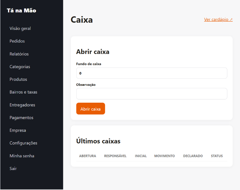 Tela do caixa